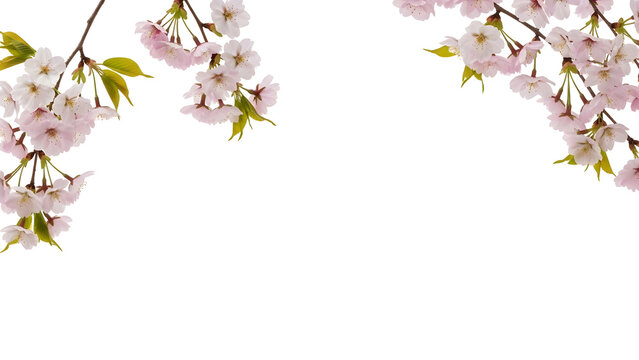 Elegant pink cherry blossoms with fresh green leaves on branches offer a charming natural spring floral frame element isolated on a transparent background for decorative design projects