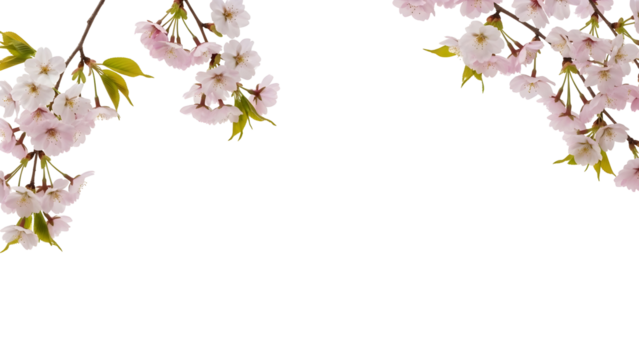 Elegant pink cherry blossoms with fresh green leaves on branches offer a charming natural spring floral frame element isolated on a transparent background for decorative design projects