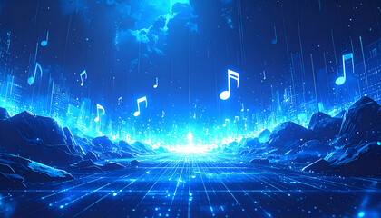 Bright pixel-style music notes in a glowing blue environment, perfect for digital music and creative visuals.