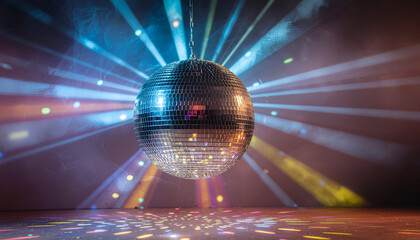 Glowing disco ball with colorful light reflections in a dark room, creating a vibrant party and dance atmosphere.