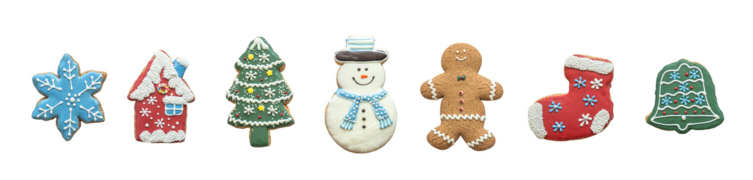 Christmas cookies set, snowman, gingerbread, X'mas tree, PNG isolated on transparent background with clipping path for Xmas party holiday homemade food design decoration template