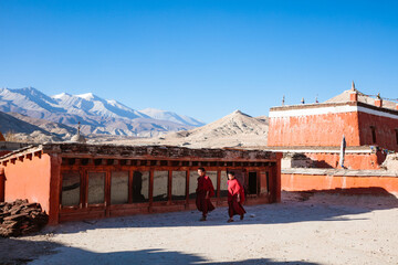 Young buddhist monks in a monastery, Upper Mustang, Nepal
