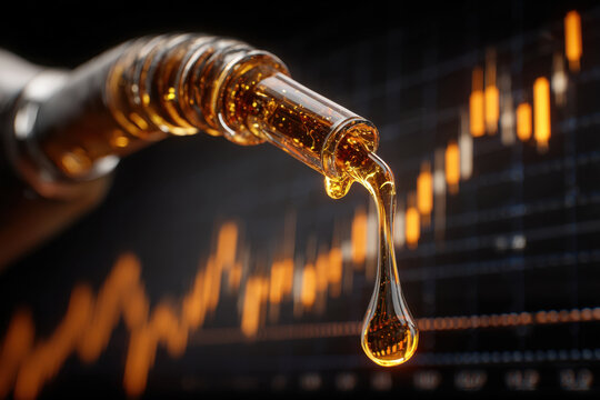 A conceptual image of a fuel pump nozzle leaking fuel against a backdrop of oil price charts.