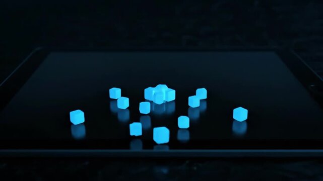 Cinematic Slow Motion of Glowing Blue Data Cubes Dropping, Connecting, and Aggregating into a Seamless Progress Bar on a Dark High-Tech Surface