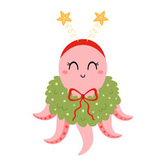 Pink Christmas Octopus Clipart. Cute Xmas Sea Animal, Festive Ocean Character. Holiday Vector Illustration.