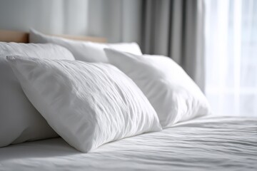 Obraz premium Cozy white pillows on a tidy bed with calm, airy atmosphere and subtle shadows