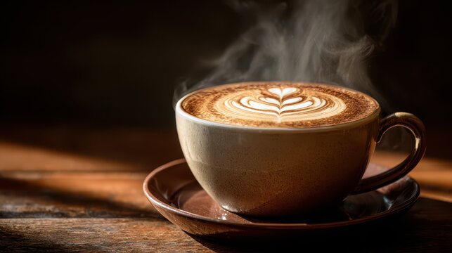 Cozy morning coffee scene: detailed latte art in a mug with steam on a wooden table