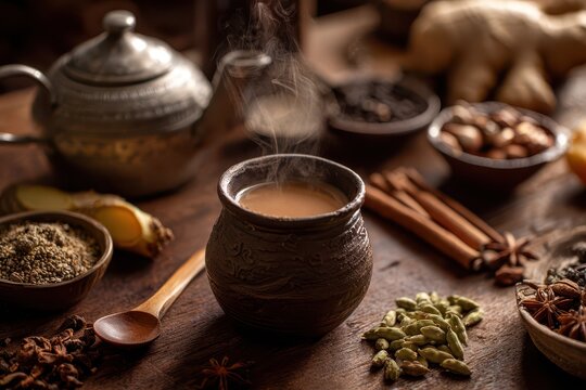 Cozy morning chai ritual: masala tea in a rustic cup beside whole spices