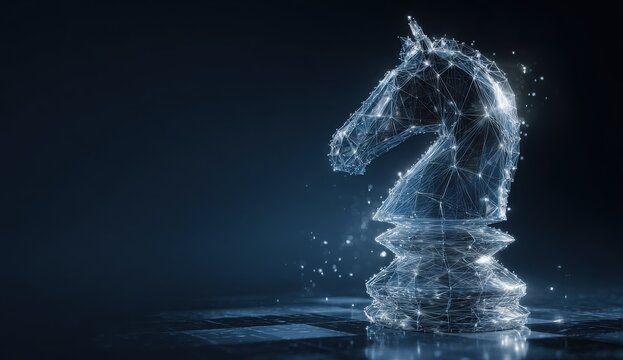 A chess piece with a horse head is shown in a blue background