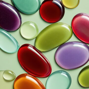 Creative arrangement of glossy nail color drops on a neutral green backdrop
