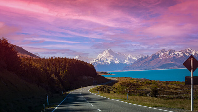  Landscape view of Mount Cook Road with Golden Hour Clouds and Scenic New Zealand Highway to the Southern Alps