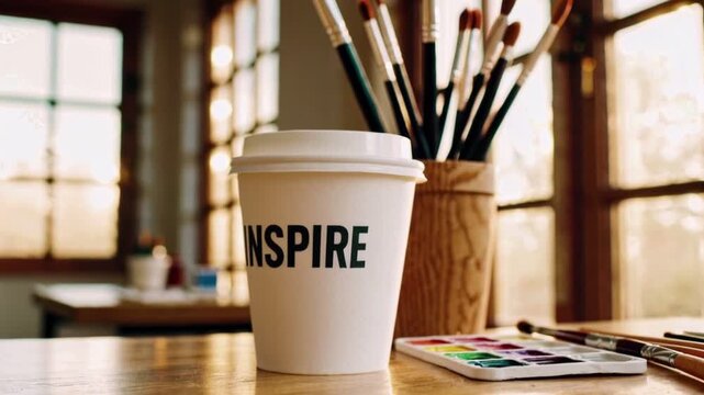 Coffee cup with Inspire text in warm artist studio setting, surrounded by paints and brushes, evoking creativity and motivation