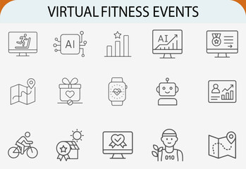 Virtual fitness events line icons set, digital health sport vector
