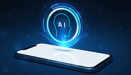 AI Technology and Digital Connectivity: A smartphone displays an illuminated AI icon, signifying the powerful fusion of artificial intelligence and digital technology, representing connectivity.