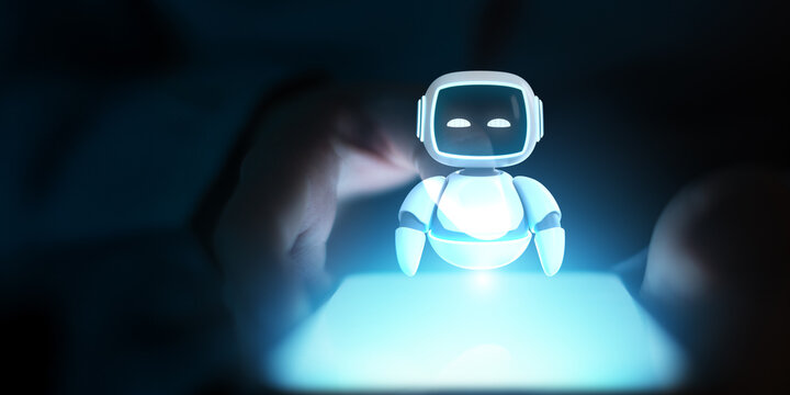 AI Holographic Robot Assistant Floating Above a Digital Tablet Interface.