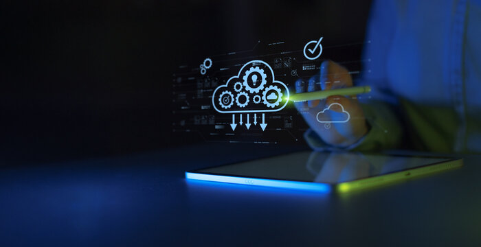 Cloud Automation and Digital Workflow Management Illustrated on Interactive Tablet Interface.