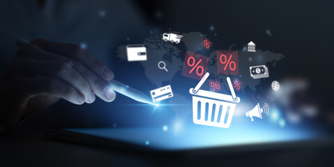 Global Digital Shopping and Discount Interaction with Virtual Basket and Financial Icons.