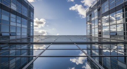 Modern architectural structures converge beneath a bright sky with scattered clouds
