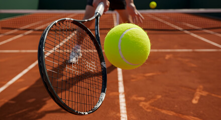 Fototapeta premium Dynamic Tennis Player Hitting Bright Yellow Ball with Racket on Clay Court in Action, Capturing the Essence of Competitive Sports and Athleticism