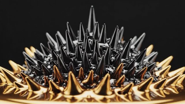Macro close-up of ferrofluid spikes forming. Black liquid responding to magnetic field on gold surface. Scientific visualization of magnetic attraction and fluid dynamics.