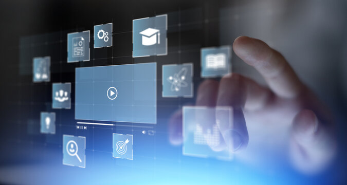 Digital Learning Interface With Interactive Video Modules Illustrated on a Virtual Screen.