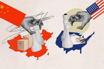 Sketch image 3D photo collage of flag sleeve asia america hand hold chess figure play game geo...