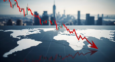 Dramatic Decline in Global Stock Market Illustrated by Falling Graph and Red Decline Arrow Overlaid on World Map with Cityscape Background