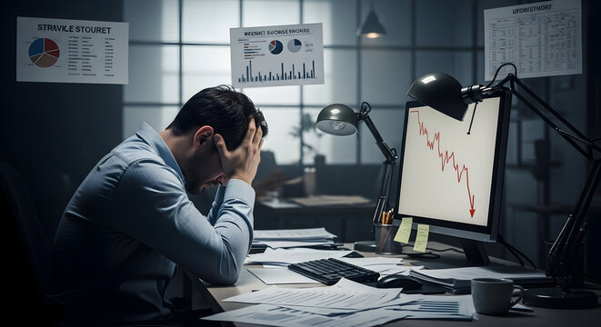 Businessman Overwhelmed By Data Analysis Sitting At A Desk Surrounded By Disappointing Graphs And Reports In A Stressful Office Environment