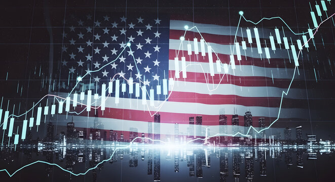 Financial Data Visualization of Stock Market Trends Against American Flag Representing Economic Growth and Investment Opportunities in USA