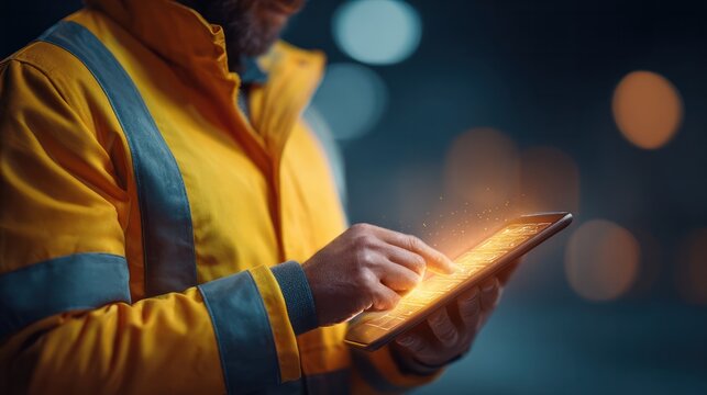 Worker in reflective yellow jacket operating illuminated tablet at night representing smart inspection and digital workflow