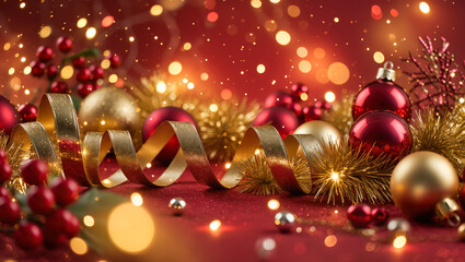 Christmas festive background with red and gold ornaments, glitter ribbon, berries, lights, and sparkling bokeh. Bright holiday decoration scene.