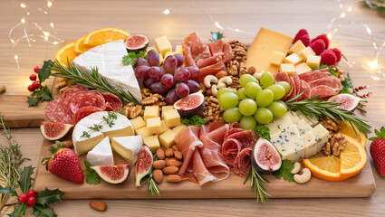 Christmas charcuterie board with assorted cheeses, meats, fruits, nuts, and herbs on wooden platter. Festive appetizer arrangement with holiday decor.
