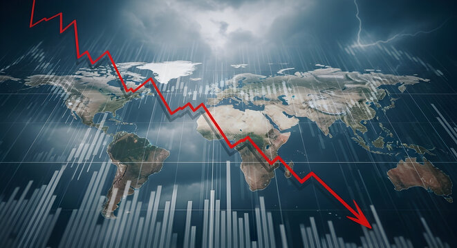 Global Financial Markets Decline Visualized With World Map And Downward Red Graph Indicating Economic Crisis And Market Analysis Trends