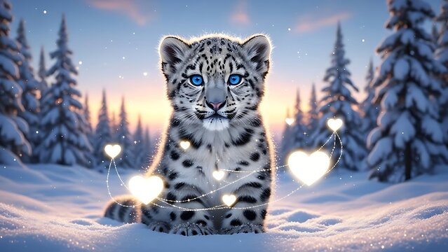 Snow leopard cub in a winter wonderland with glowing hearts