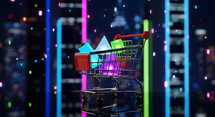 Colorful Shopping Cart Surrounded By Neon Lights In A Futuristic Cityscape, Featuring Vibrant 3D Geometric Shapes, Abstract Modern Design