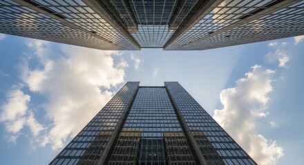 Modern glass skyscrapers converge towards a bright blue sky with scattered clouds
