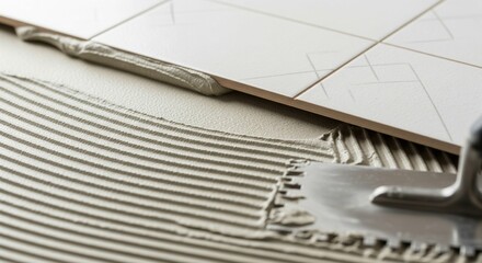 Macro view of adhesive being spread evenly under floor tiles