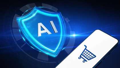 Digital Shield of AI Commerce:  A sleek, modern illustration of AI safeguarding online shopping, with a focus on security, technological advancement, and the future of e-commerce.
