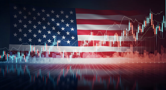 Dynamic Stock Market Graph Overlapping The United States Flag Illustrating Economic Growth And Financial Performance In A Reflective Style