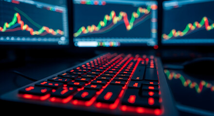 High-Tech Trading Station Showcasing Dynamic Stock Market Charts With Illuminated Keyboard Emphasizing Finance and Data Analysis