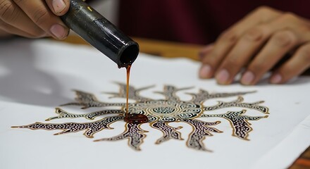 Close-up of a craftsman's hands meticulously applying hot wax with a canting tool to create traditional batik art on fabric