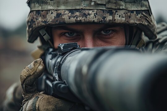 A soldier in camouflage gear is aiming a rifle at a distant target, with a backdrop of a barren landscape and a cloudy sky.
