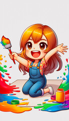 Naklejka premium Cute Cartoon Girl Painting with Brush and Palette Vertical Layout