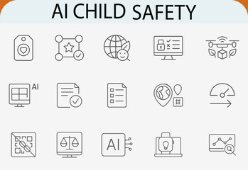 AI child safety line icons set, ethical digital protection vector