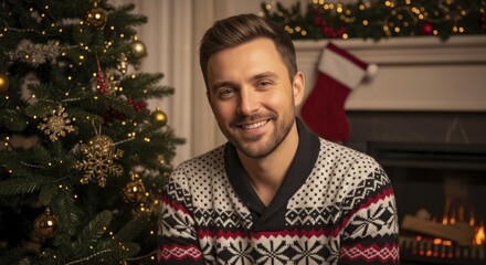 Smiling man wearing a patterned holiday sweater seated near a decorated Christmas tree and fireplace