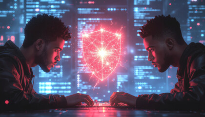 Red team performing a firewall breach simulation with a cracked digital shield and intense red cyber highlights