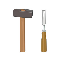 Carving tools with hammer. Vector illustration