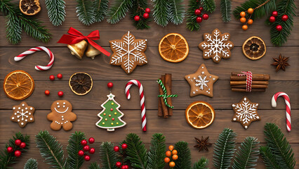 Arrangement of christmas baking ingredients and decorations on rustic wooden surface