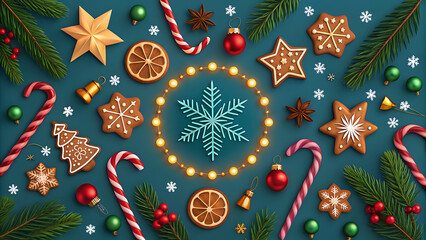 Seasonal decoration with gingerbread cookies candy canes and baubles on turquoise table