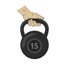 Hand holding a black kettlebell. Vector design